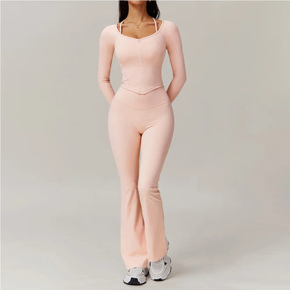FitFlex 2-Piece Yoga Set: Long Sleeve Crop Top & High-Waist Leggings for Workout & Fitness