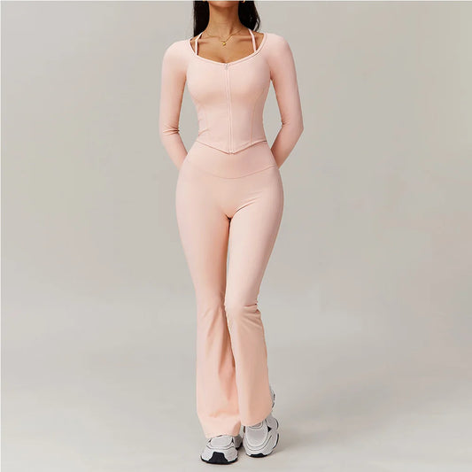 FitFlex 2-Piece Yoga Set: Long Sleeve Crop Top & High-Waist Leggings for Workout & Fitness