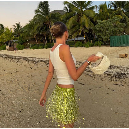 Unique Tassel Sequin Halter Tops Sparkling Waist Cinching Solid Color Mini Skirt Women's Casual Luxury Beach Women Glitter Suits