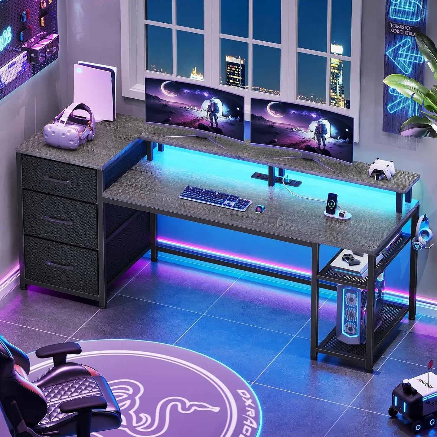 PowerCore™ RGB Desk – 59” Reversible Workstation with Drawers, LED Lights & Built-In Outlets