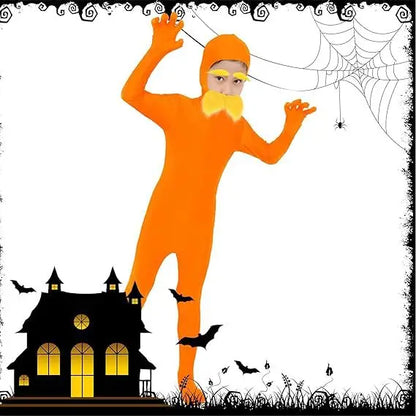 Orange Prisoner Costume Set – Funny Halloween Jumpsuit with Moustache & Eyebrow Wig for Kids & Adults