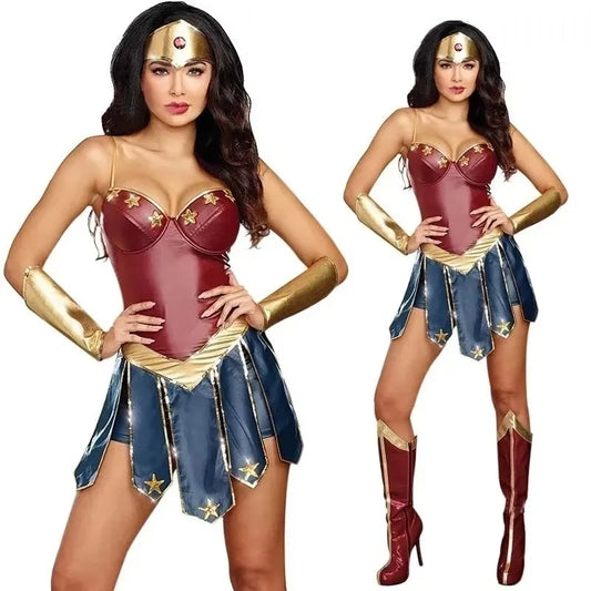 Wonder Hero Cosplay Costume Set – Women’s Leather Warrior Outfit with Corset, Skirt & Accessories
