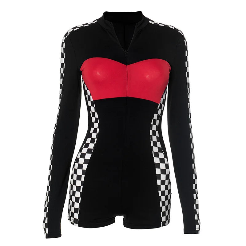 Redline Y2K Moto Jumpsuit – Zip-Up Bodycon Long Sleeve Romper