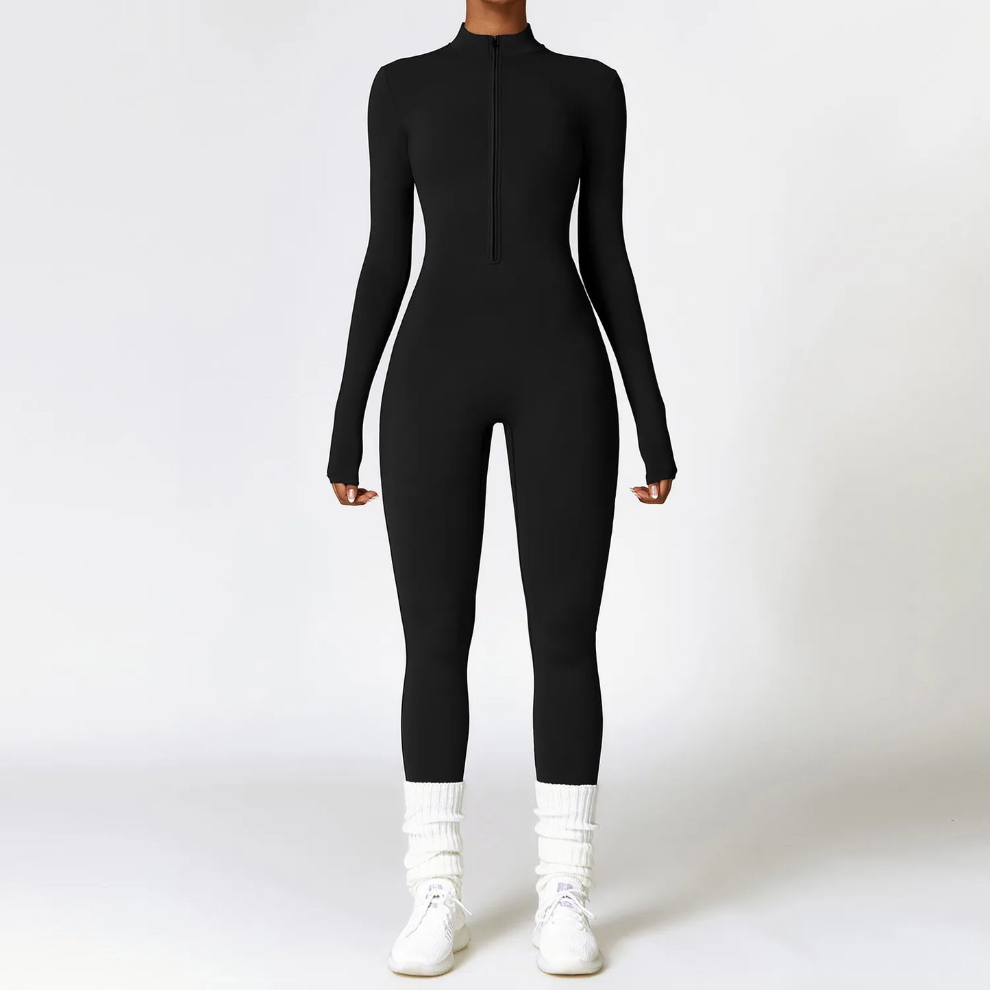Sculpted Siren One-Piece – Zip-Up Long Sleeve Gym Romper for High-Intensity Confidence