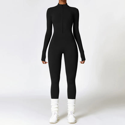 Sculpted Siren One-Piece – Zip-Up Long Sleeve Gym Romper for High-Intensity Confidence