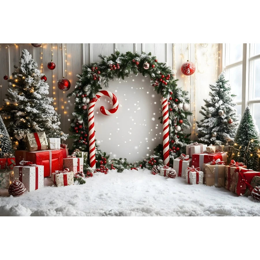 Holiday Arch Christmas Photography Backdrop – Red & Gold Festive Scene