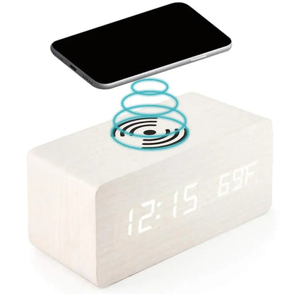 Wooden Digital Alarm Clock 3 Alarms Led Display with Wireless Charging Electronic Alarm Clock For Bedroom Bedside Office