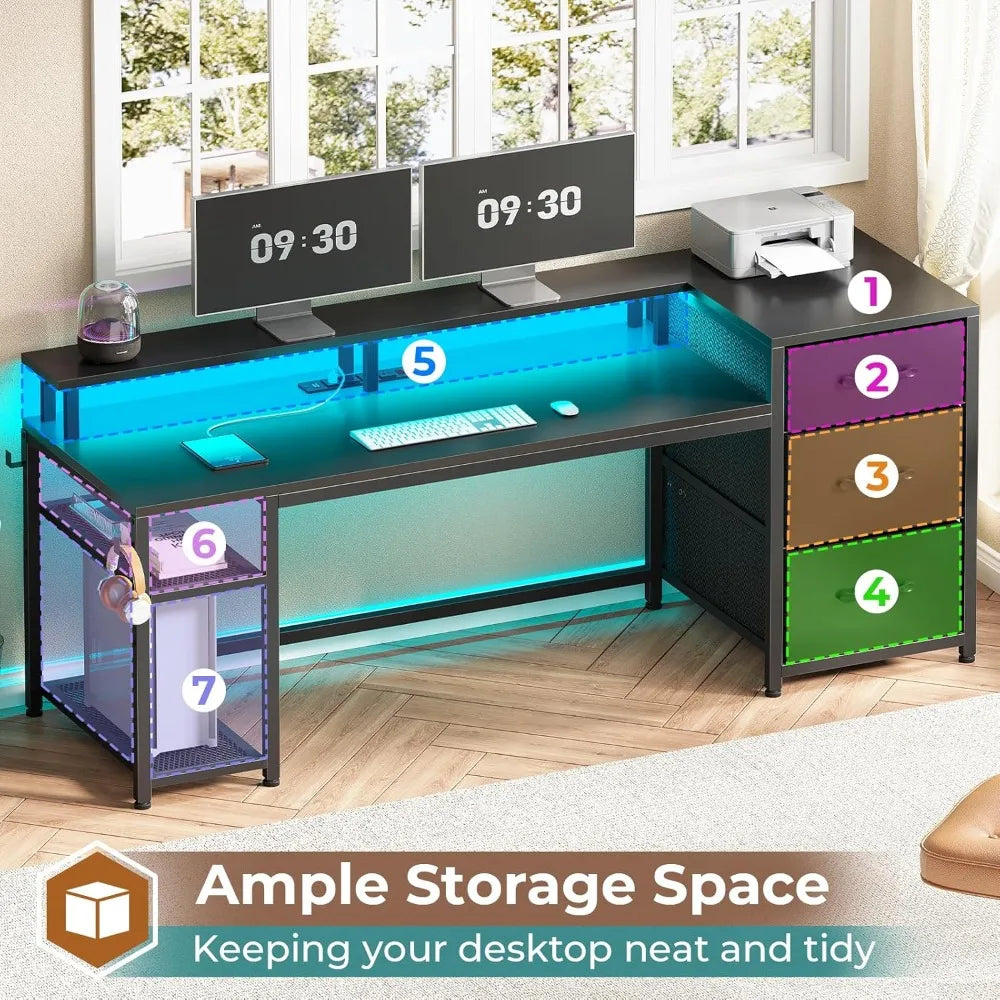 PowerCore™ RGB Desk – 59” Reversible Workstation with Drawers, LED Lights & Built-In Outlets