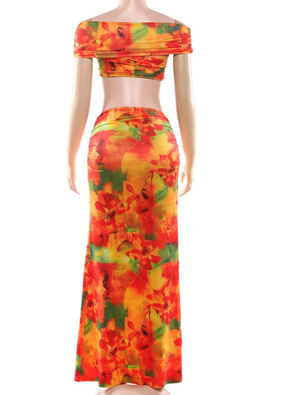 Sunset Heat Off-Shoulder Two-Piece Set (Crop Top + Maxi Skirt)