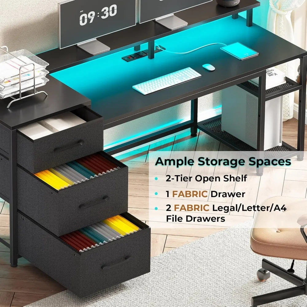 PowerCore™ RGB Desk – 59” Reversible Workstation with Drawers, LED Lights & Built-In Outlets