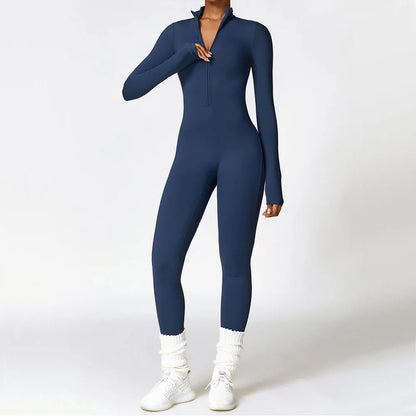 Sculpted Siren One-Piece – Zip-Up Long Sleeve Gym Romper for High-Intensity Confidence