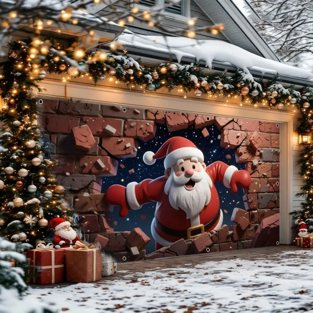 Santa’s Cozy Garage Door Holiday Banner – Brick Wall Christmas Backdrop Décor