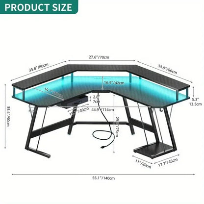 GlowZone™ RGB Gaming Desk – Corner Setup with Power Ports
