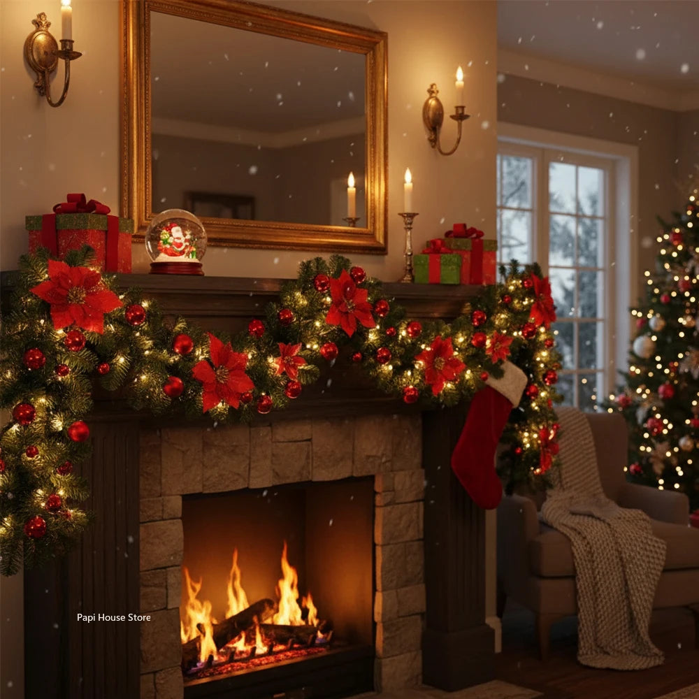 Christmas LED Rattan Garland Banner, 2.7M Artificial Xmas Tree Wreath for Home Fireplace Door Staircase Party Wall Decoration