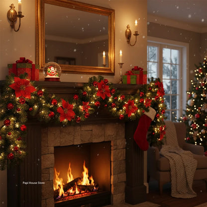 Christmas LED Rattan Garland Banner, 2.7M Artificial Xmas Tree Wreath for Home Fireplace Door Staircase Party Wall Decoration