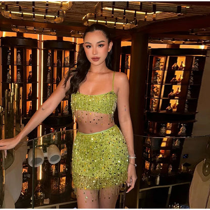 Unique Tassel Sequin Halter Tops Sparkling Waist Cinching Solid Color Mini Skirt Women's Casual Luxury Beach Women Glitter Suits