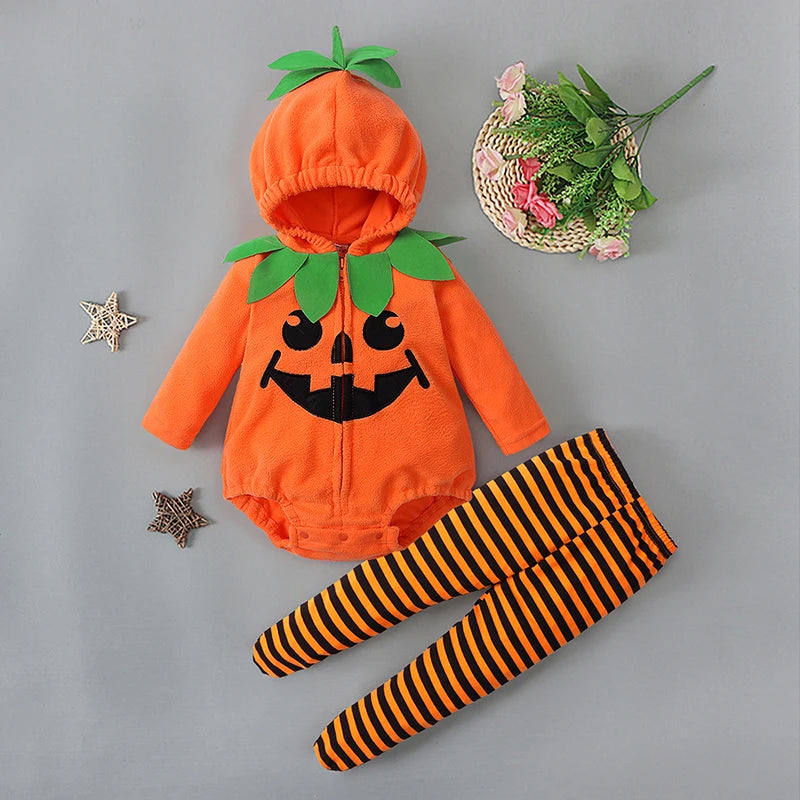 2025 Infant Baby Halloween Costume Pumpkin Outfits Hooded Romper Footed Pants Leggings for Newborn Girl Boys Cosplay Clothes Set