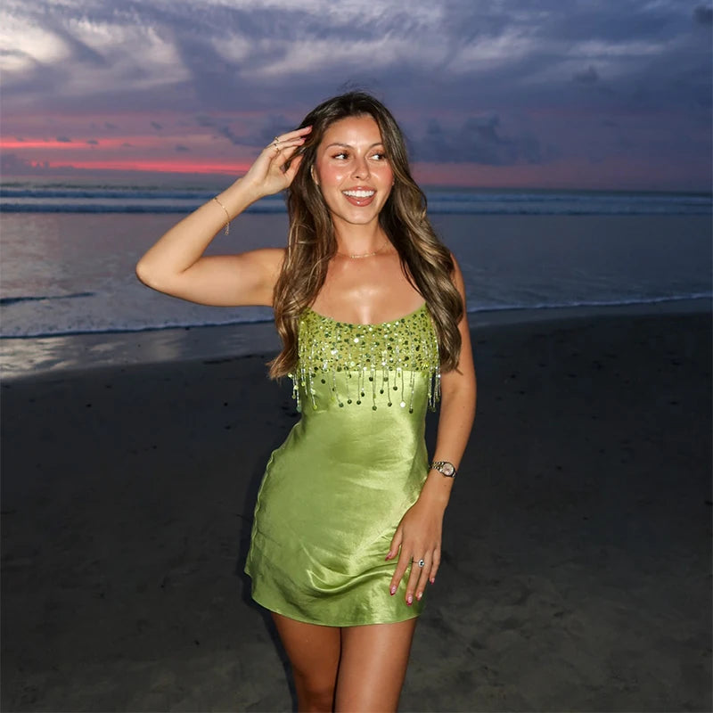 The Lime Light Dress – Sequin Mini Vacation Dress