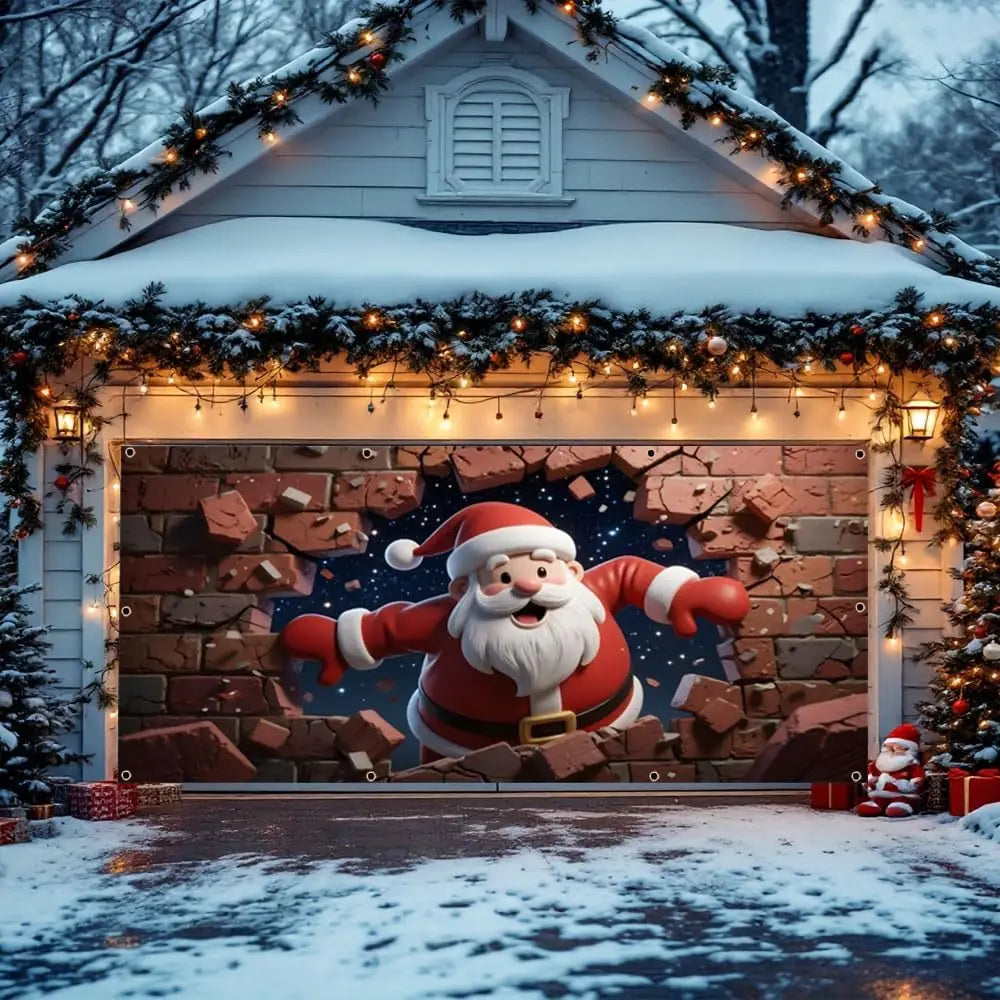 Santa’s Cozy Garage Door Holiday Banner – Brick Wall Christmas Backdrop Décor