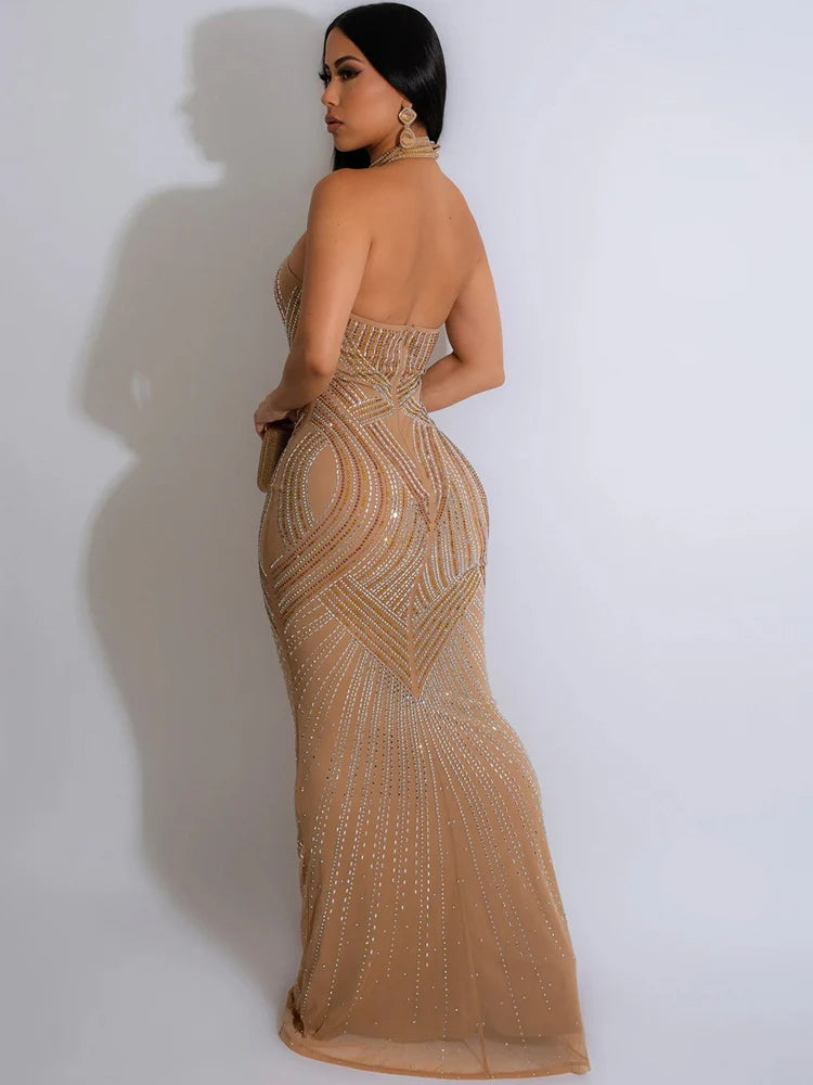 Glam Rhinestone Backless Maxi Dress – Diamond Mesh Party Look