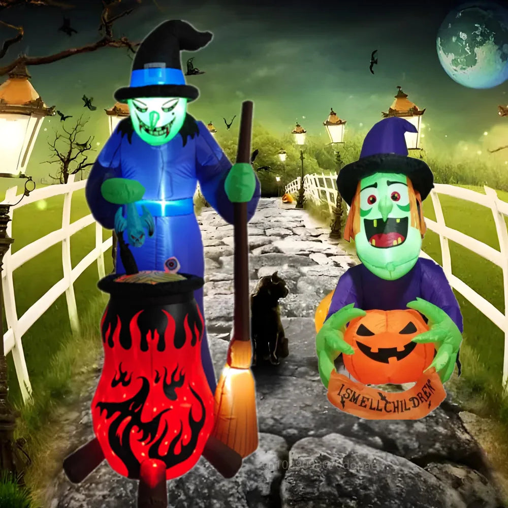 8FT Halloween Inflatables Witch Boiling  Flame Lamp And Climbing the Window Little Ghost With LED Lights Indoor Outdoor Decorate