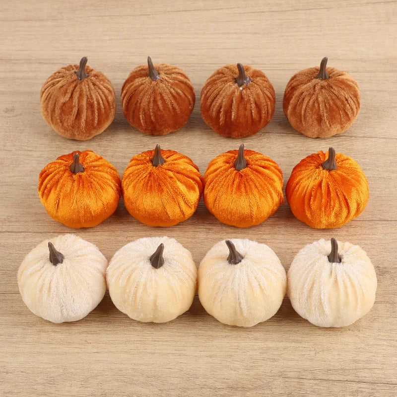 Cozy Flannel Pumpkin Set – 8/12pcs Soft Fabric Fall Decor for Autumn, Thanksgiving & Halloween Tables