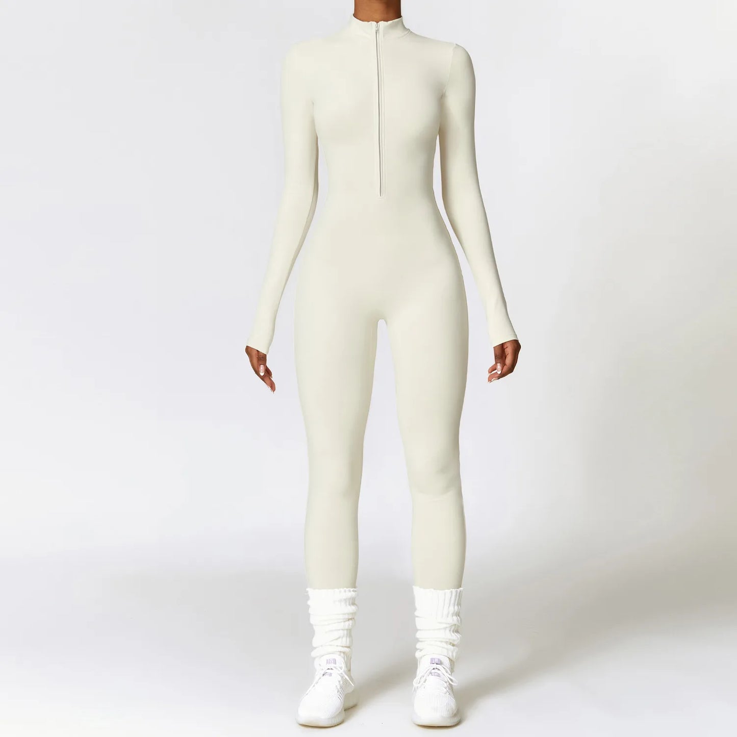 Sculpted Siren One-Piece – Zip-Up Long Sleeve Gym Romper for High-Intensity Confidence