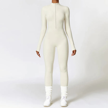 Sculpted Siren One-Piece – Zip-Up Long Sleeve Gym Romper for High-Intensity Confidence
