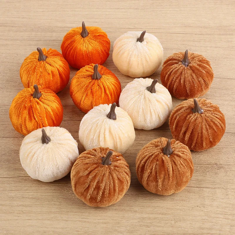 Cozy Flannel Pumpkin Set – 8/12pcs Soft Fabric Fall Decor for Autumn, Thanksgiving & Halloween Tables