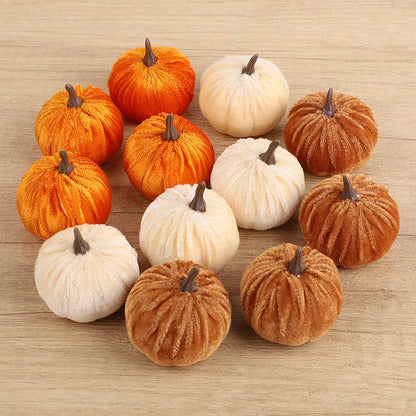 Cozy Flannel Pumpkin Set – 8/12pcs Soft Fabric Fall Decor for Autumn, Thanksgiving & Halloween Tables