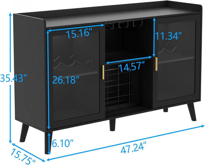 Wine Bar Cabinet with LED Light, Home Coffee Cabinet with Wine Rack and Glass Holder, Kitchen Buffet Sideboard W Storage Shelf
