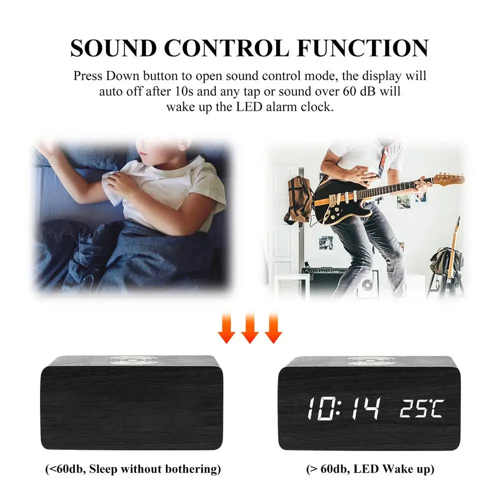 Wooden Digital Alarm Clock 3 Alarms Led Display with Wireless Charging Electronic Alarm Clock For Bedroom Bedside Office