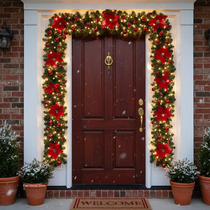 Christmas LED Rattan Garland Banner, 2.7M Artificial Xmas Tree Wreath for Home Fireplace Door Staircase Party Wall Decoration