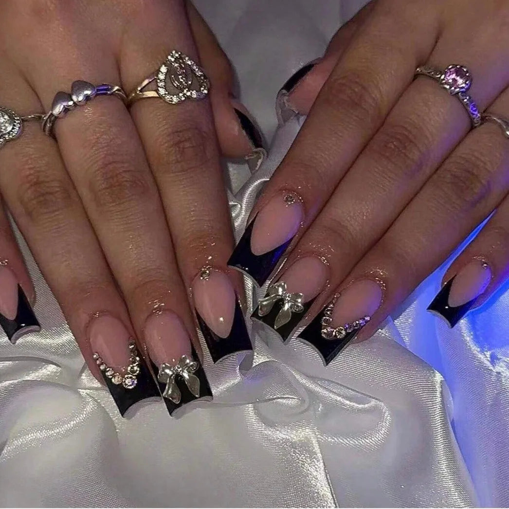Chic Black French Press-On Nails with Pink Flower Charms – Stylish & Detachable Square Tips for Women & Girls