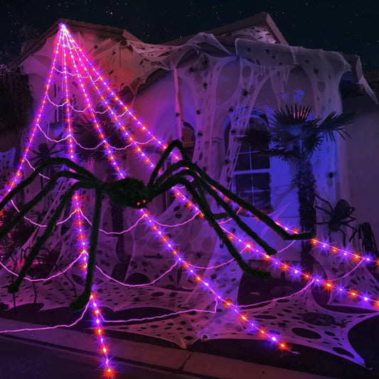 ✨ Glow-in-the-Dark Spider Web Lights – Spooky Outdoor Halloween Decorations with Realistic Spiders