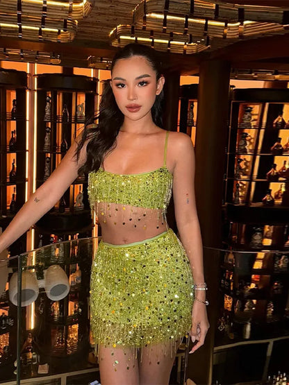 Unique Tassel Sequin Halter Tops Sparkling Waist Cinching Solid Color Mini Skirt Women's Casual Luxury Beach Women Glitter Suits