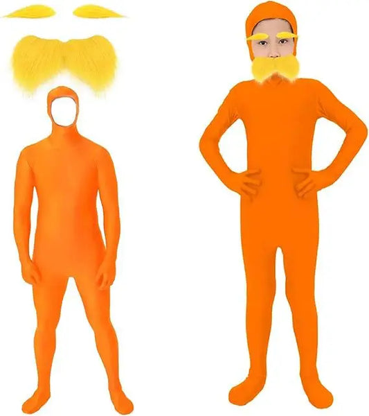 Orange Prisoner Costume Set – Funny Halloween Jumpsuit with Moustache & Eyebrow Wig for Kids & Adults