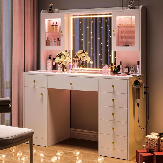 LuxeGlow LED Vanity Desk – Glass Top Makeup Table with 7 Drawers & 3 Cabinets
