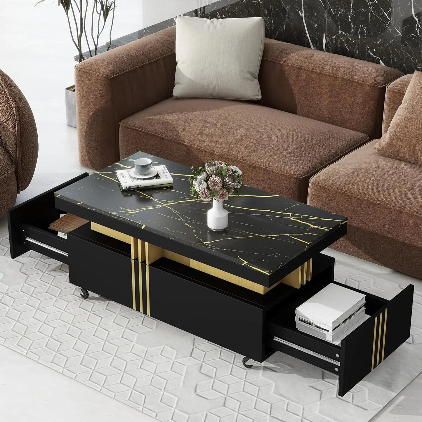 Coffee Table with Faux Marble Top, Modern Center Table with 2 Drawers & Caster Wheels, Contemporary Luxury Cocktail Table