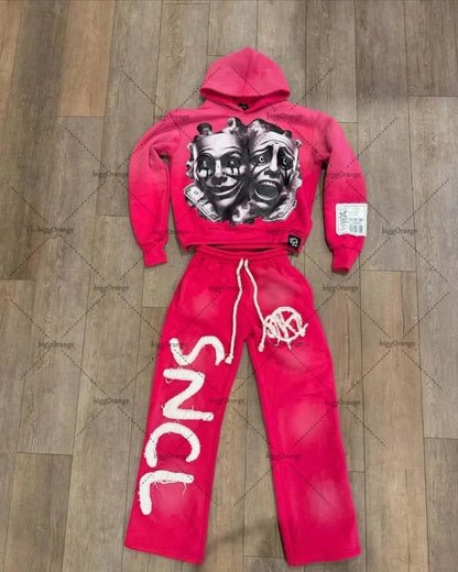 Urban Chaos Y2K Tracksuit – Hot Pink & Black Graphic Streetwear Set