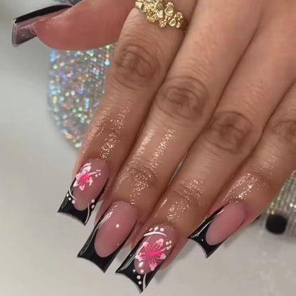 Chic Black French Press-On Nails with Pink Flower Charms – Stylish & Detachable Square Tips for Women & Girls