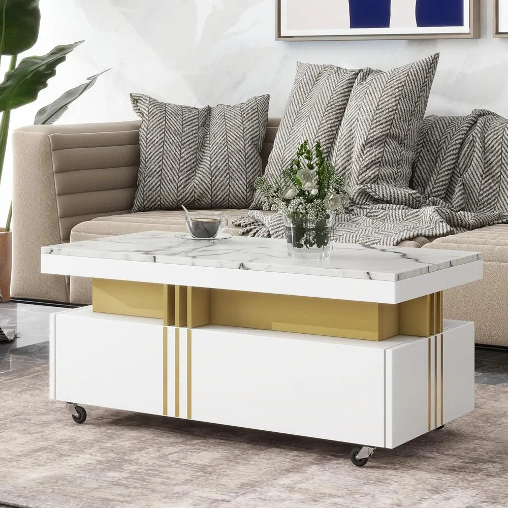 Coffee Table with Faux Marble Top, Modern Center Table with 2 Drawers & Caster Wheels, Contemporary Luxury Cocktail Table