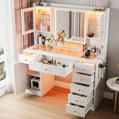 LuxeGlow LED Vanity Desk – Glass Top Makeup Table with 7 Drawers & 3 Cabinets