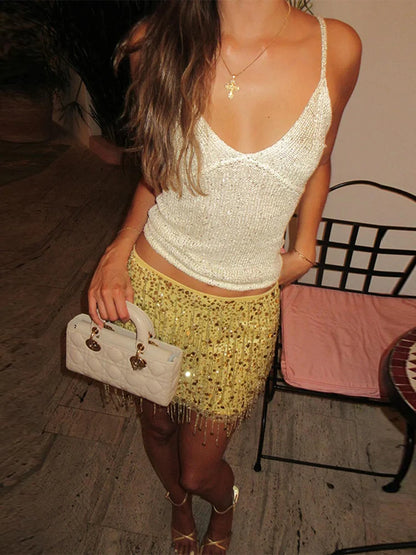 Unique Tassel Sequin Halter Tops Sparkling Waist Cinching Solid Color Mini Skirt Women's Casual Luxury Beach Women Glitter Suits