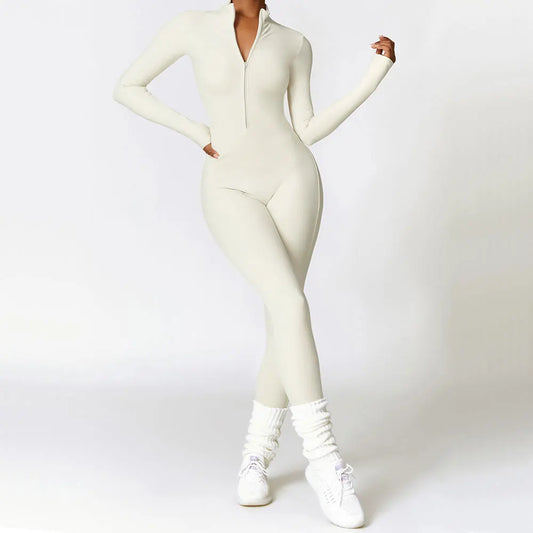Sculpted Siren One-Piece – Zip-Up Long Sleeve Gym Romper for High-Intensity Confidence