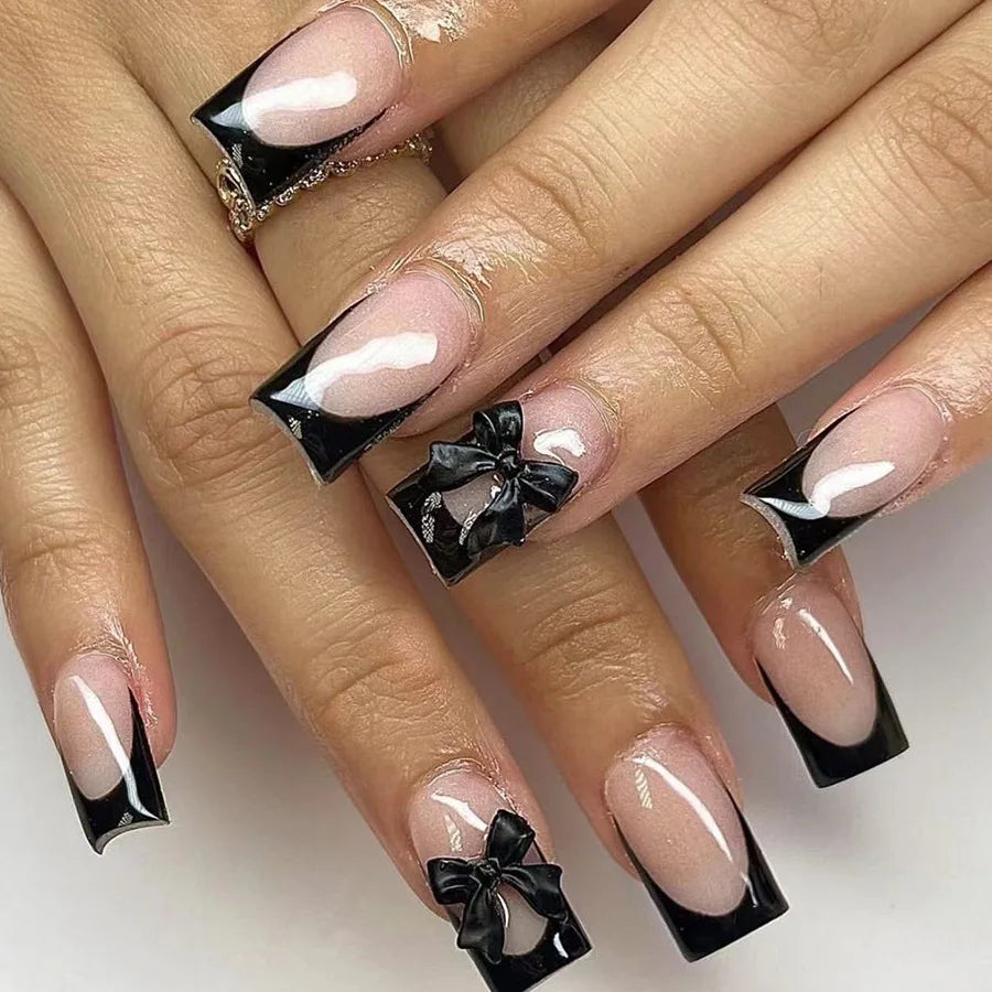 Chic Black French Press-On Nails with Pink Flower Charms – Stylish & Detachable Square Tips for Women & Girls