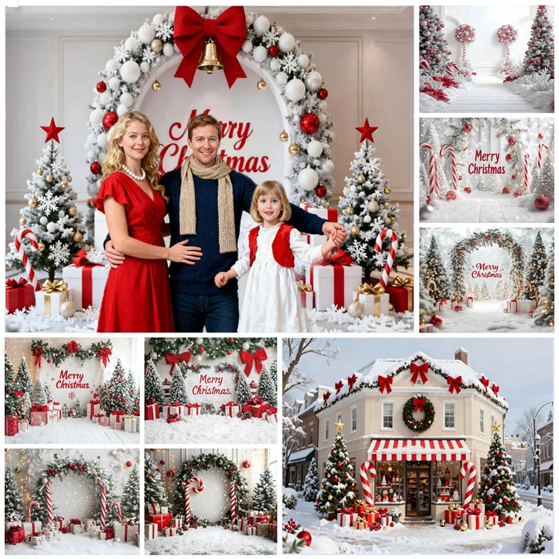 Holiday Arch Christmas Photography Backdrop – Red & Gold Festive Scene