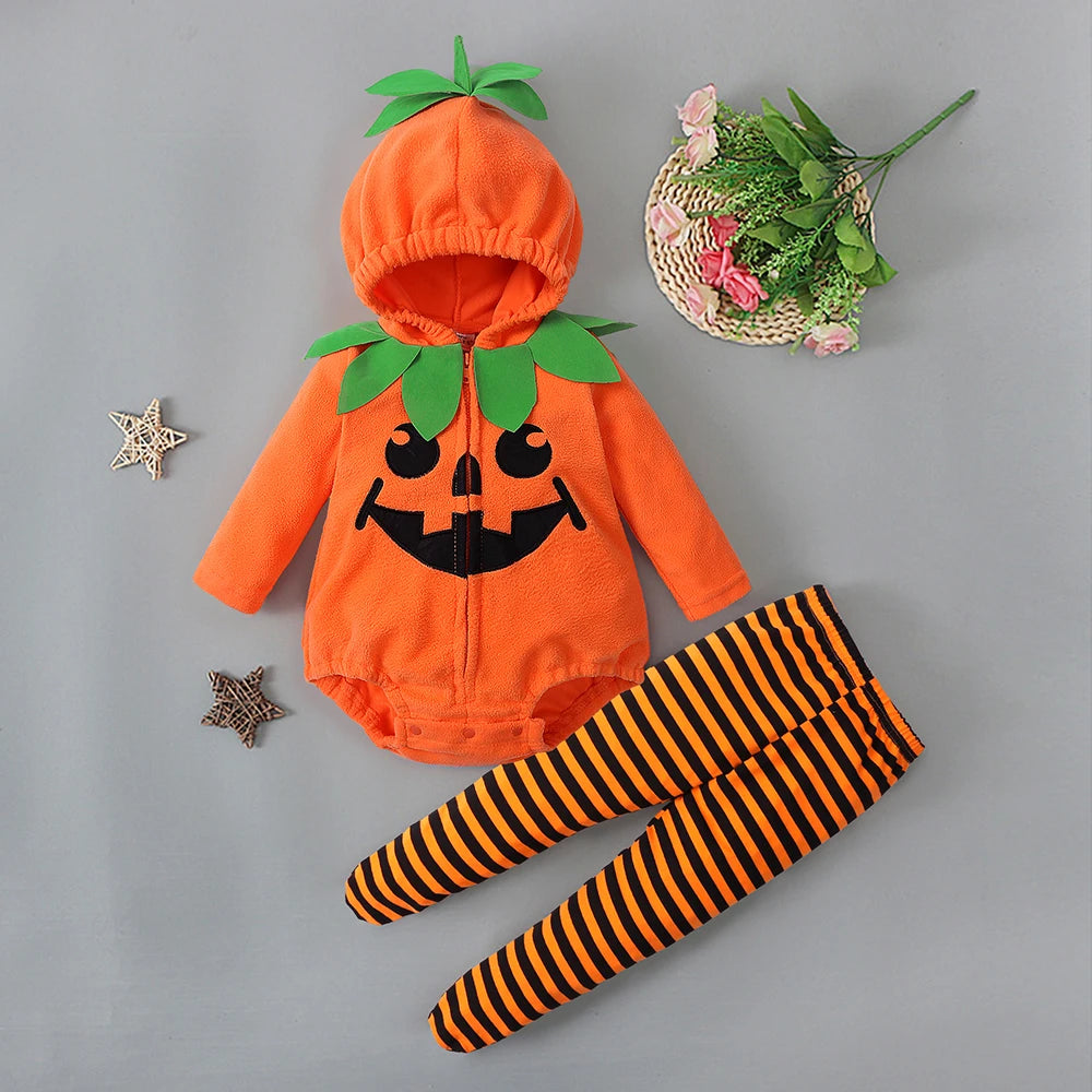 Baby Pumpkin Halloween Romper Set (Hooded + Pants + Hat)