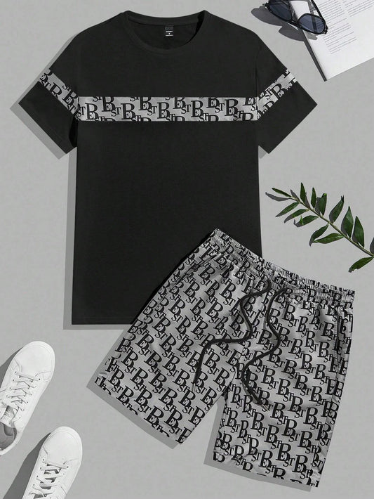 Urban Luxe 2-Piece Set – Men's Retro Streetwear Tee & Shorts Combo