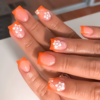 Chic Black French Press-On Nails with Pink Flower Charms – Stylish & Detachable Square Tips for Women & Girls